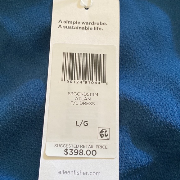 Eileen Fisher Square Neck Silk Georgette Dress, Atlantic Blue, Large NWT $398 - Picture 5 of 6